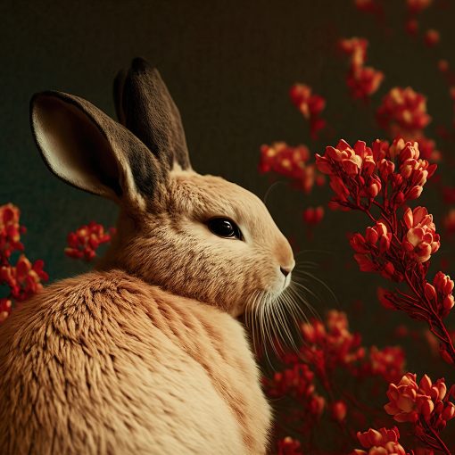 rabbit on background of red flowers symbolizing chinese lunar new year 2023