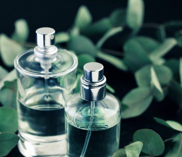 perfume bottles surrounded by green leaves