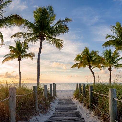 Panorama view of footbridge to the Smathers beach at sunrise