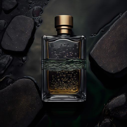 Luxury perfume with fresh natural scent for men, glass fragrance bottle on dark pebbles in nature