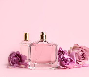Bottles of perfume and beautiful roses on pink background