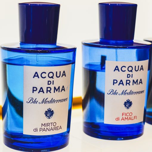 Blue Mediterranee perfume bottles By Acqua di Parma, aromas of fig and myrtle