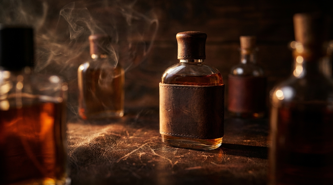 Dark moody cologne bottles with dramatic side lighting and smoke