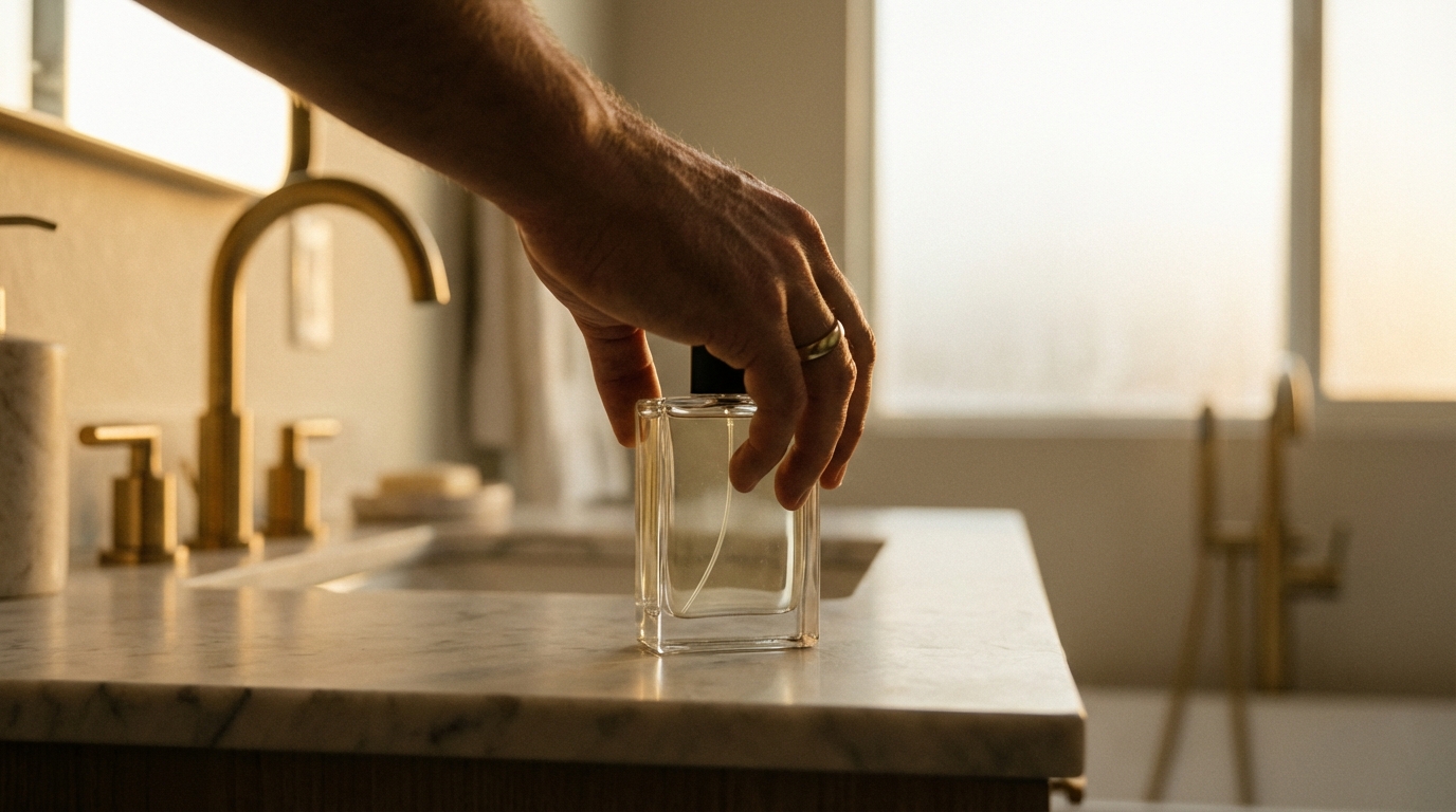 Man selecting cologne from bathroom counter in morning light