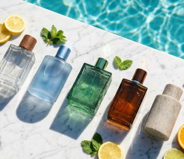 Summer cologne bottles arranged by pool at golden hour