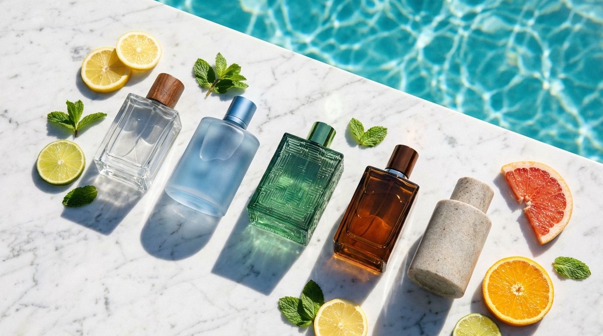 Best men's summer colognes 2026 collection of bottles arranged at golden hour