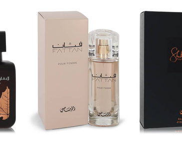 The best Rasasi perfumes: Hawas for Him, La Yuqawam Pour Homme, Fattan Pour Femme, Shuhrah Pour Homme and Hawas Ice bottles
