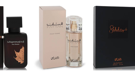 The best Rasasi perfumes: Hawas for Him, La Yuqawam Pour Homme, Fattan Pour Femme, Shuhrah Pour Homme and Hawas Ice bottles