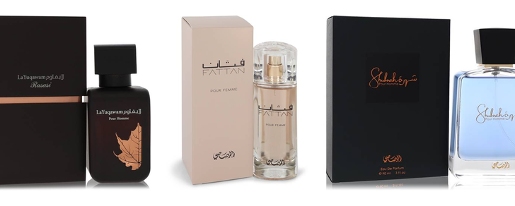 The best Rasasi perfumes: Hawas for Him, La Yuqawam Pour Homme, Fattan Pour Femme, Shuhrah Pour Homme and Hawas Ice bottles
